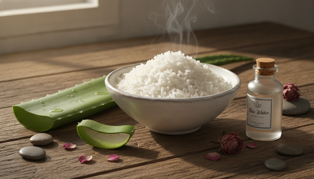 Fresh ingredients for a DIY skincare recipe including white rice in a bowl a fresh aloe vera leaf and a small bottle of 
