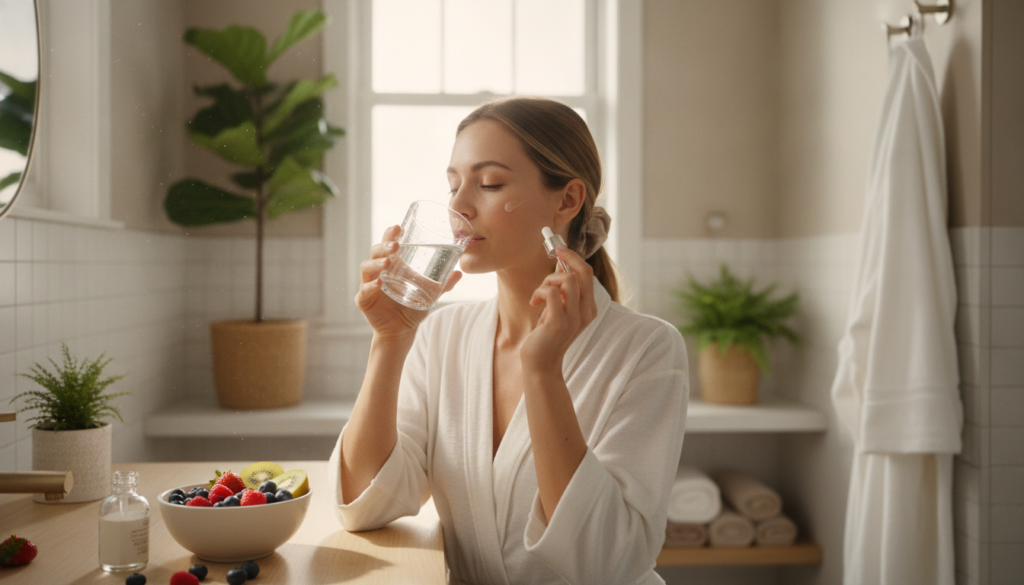 A woman practicing a self-care routine drinking water applying a light serum and eating fresh fruit all in a bright sere