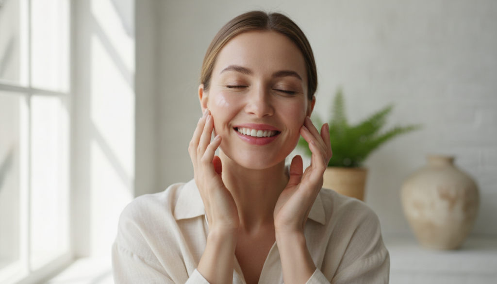 A woman gently touching her smooth radiant glass skin face looking happy and confident in a bright natural light setting