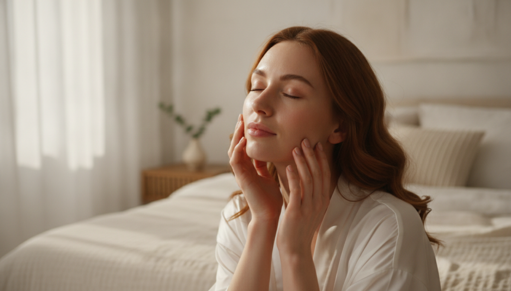 A woman gently touching her visibly smooth hydrated cheek with a soft smile after waking up Her skin looks radiant in na