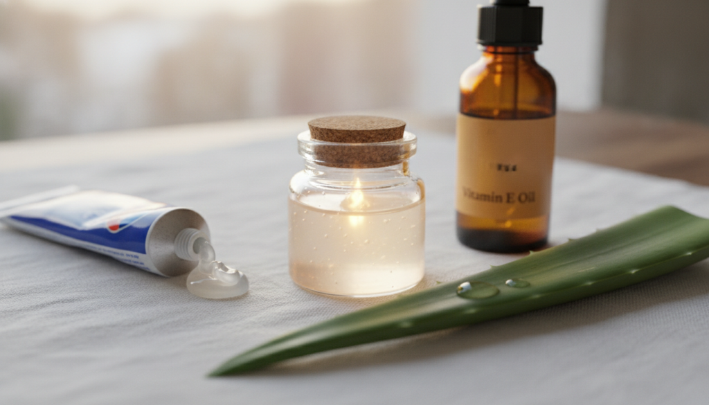 A small glass jar with a homemade clear glowing gel surrounded by a tube of Vaseline a bottle of Vitamin E oil and a lea