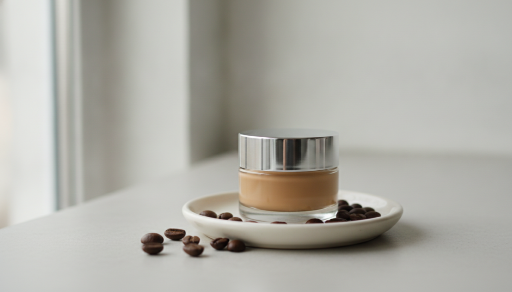 A small elegant glass jar filled with a smooth light brown coffee night gel with a few fresh coffee beans scattered arou
