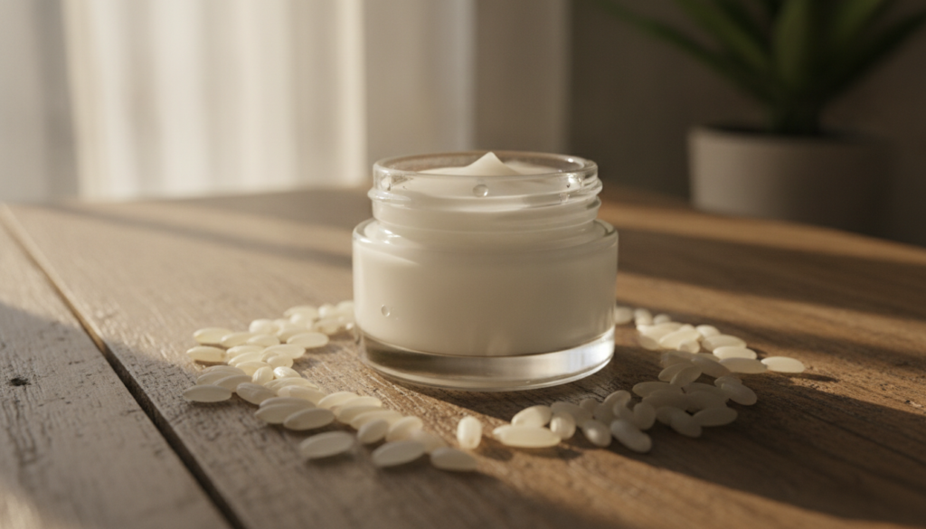 A small glass jar filled with a translucent milky white Korean rice night gel with a few grains of rice scattered around
