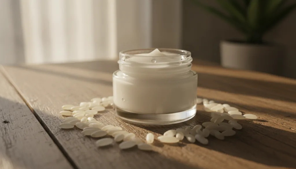 A small glass jar filled with a translucent milky white Korean rice night gel with a few grains of rice scattered around