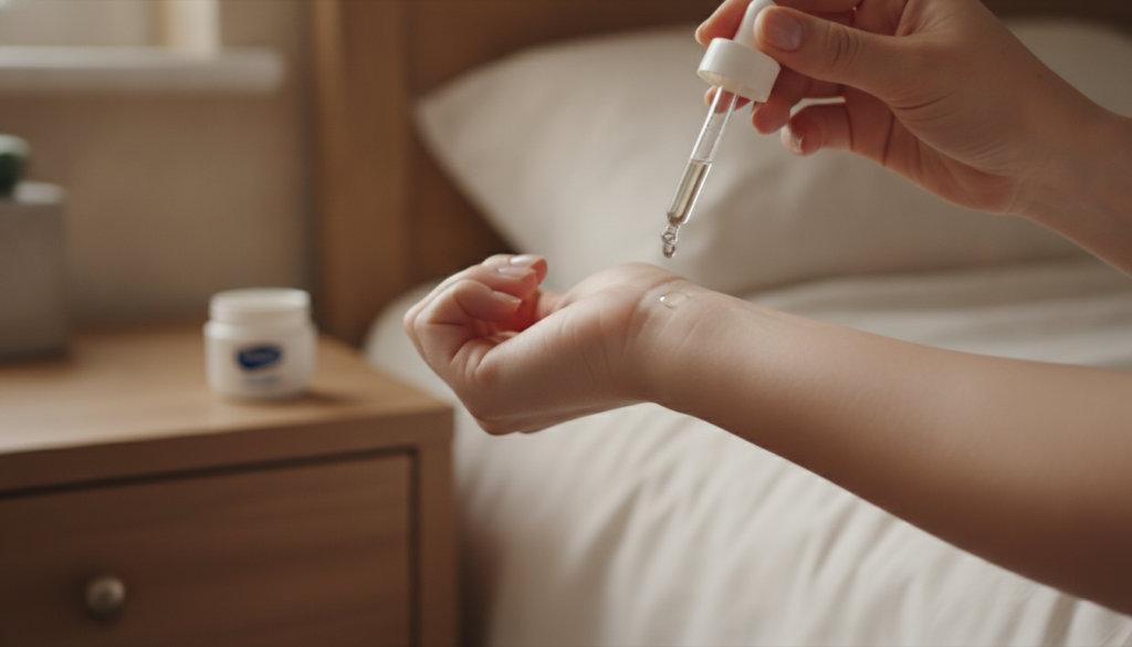A close-up of a hand applying Johnson s baby oil with a jar of Vaseline nearby on a soft glowing skin background