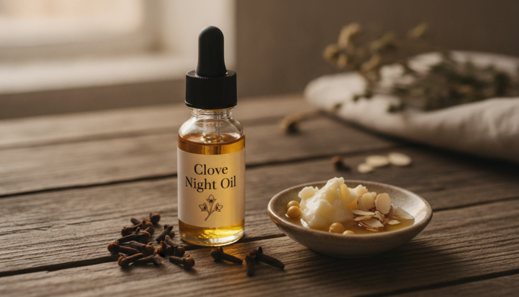 A beautiful close-up of a small glass dropper bottle filled with golden clove night oil surrounded by dried cloves and a