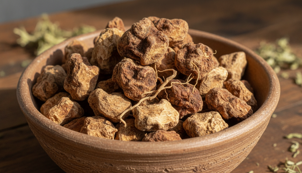 A close-up of dried Valerian root pieces in a ceramic bowl ready for brewing