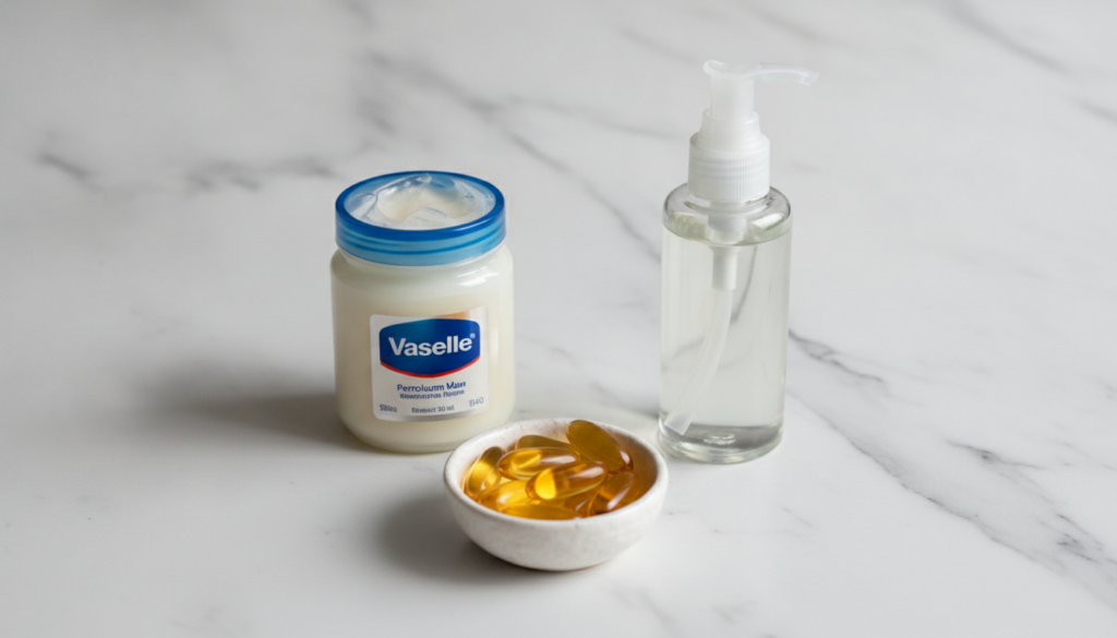 A close-up of the three ingredients a jar of Vaseline a small dish with several amber Vitamin E capsules and a bottle or