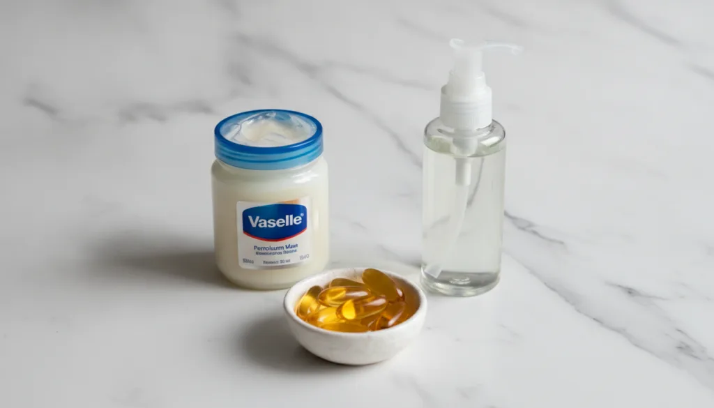 A close-up of the three ingredients a jar of Vaseline a small dish with several amber Vitamin E capsules and a bottle or