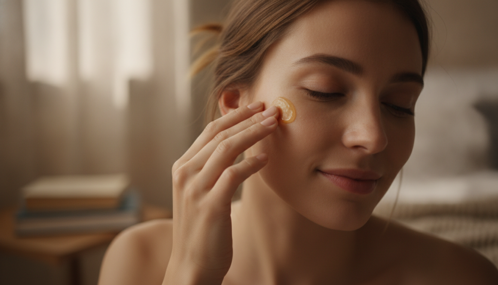 A woman gently applying a small amount of the mixed Vaseline Vitamin E and aloe vera gel to her cheek before bed her eye