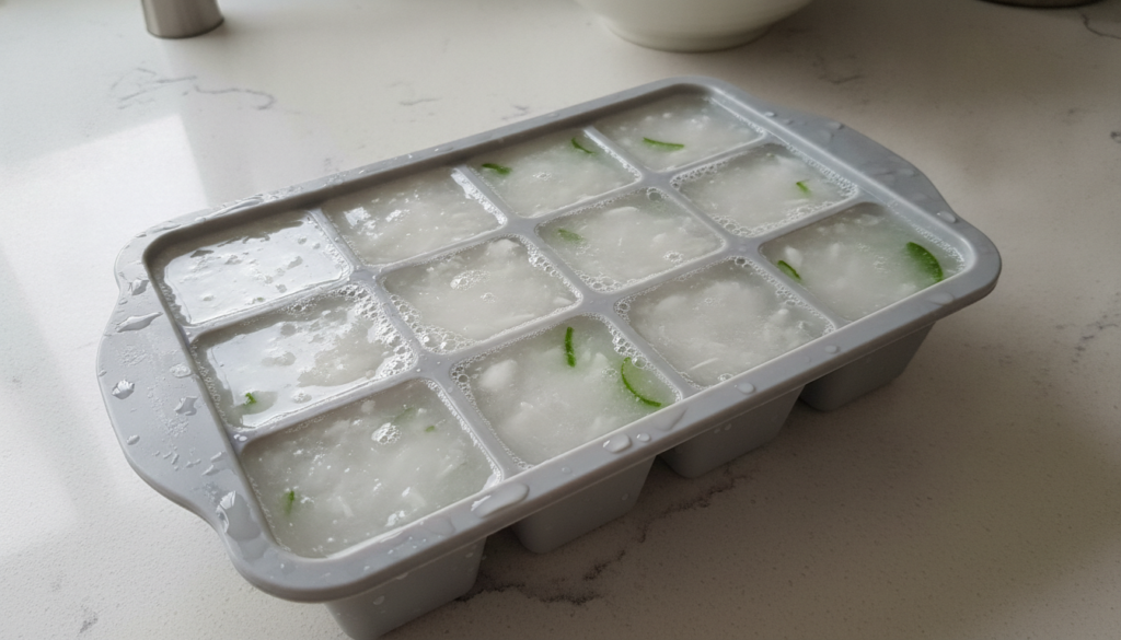 A close-up of an ice cube tray filled with milky-white rice water and aloe vera mixture ready to be placed in the freeze