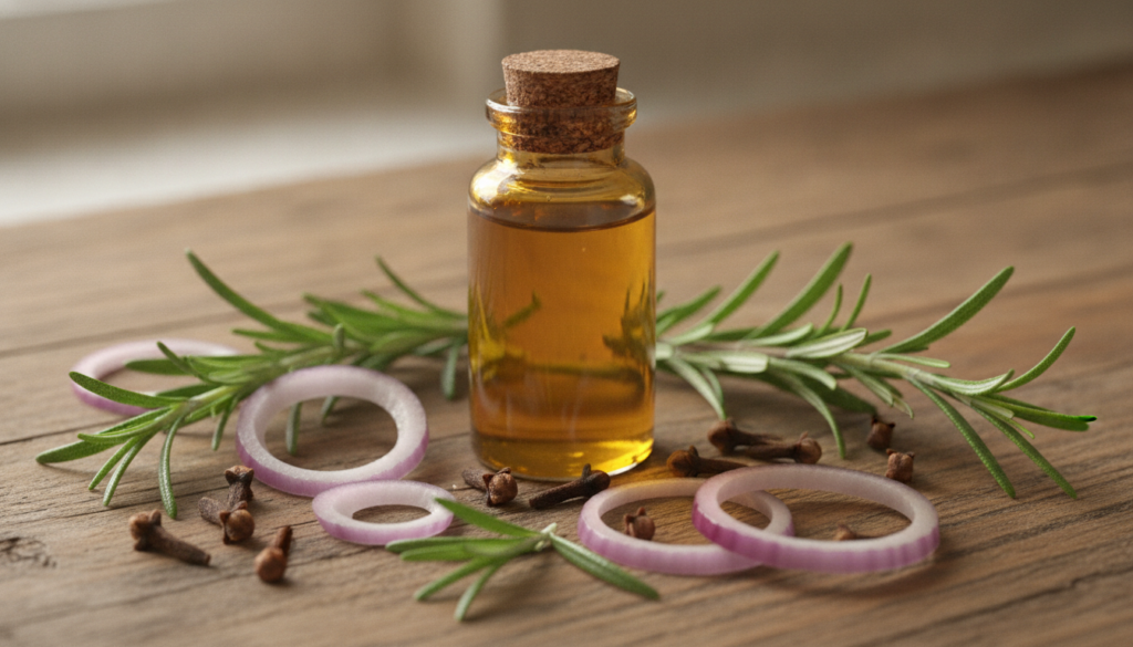 A close-up shot of the botanical scalp oil being poured into a small amber glass bottle with fresh rosemary sprigs clove