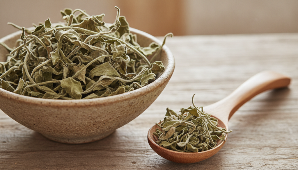 A close-up of dried Desmodium styracifolium leaves and stems in a bowl ready for preparation with a measuring spoon near