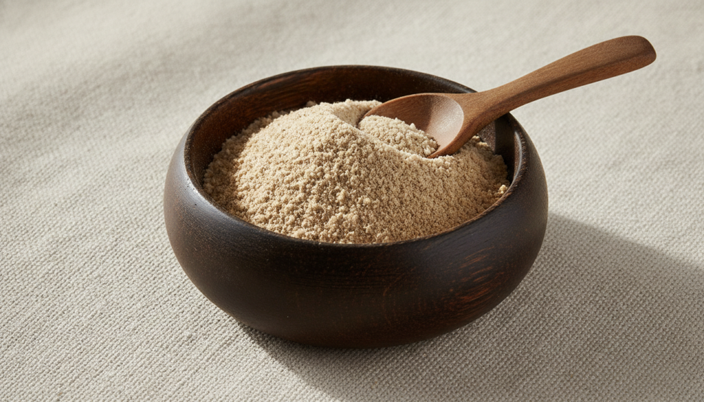 A small dark wooden bowl filled with fine light brown Saussurea costus powder with a miniature wooden spoon resting besi