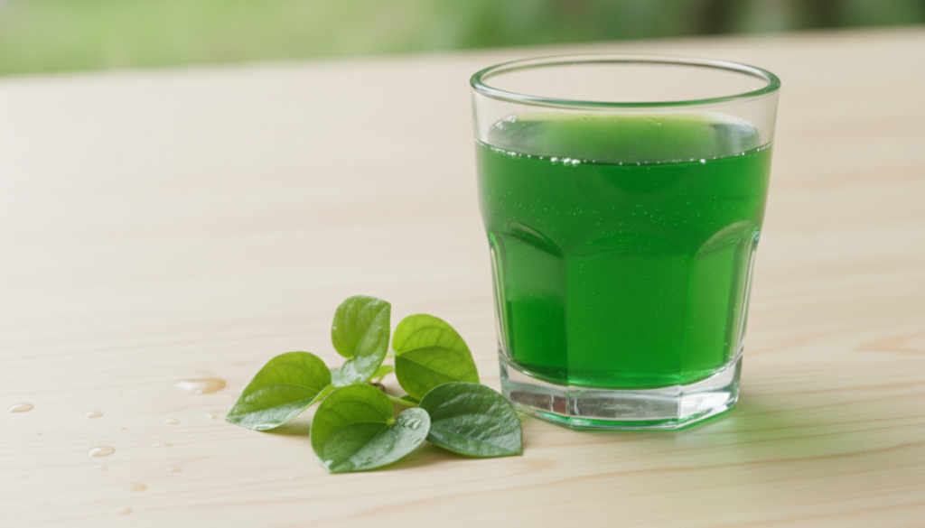 A clear glass containing a vibrant green liquid representing a freshly prepared Peperomia pellucida tonic with a few fre
