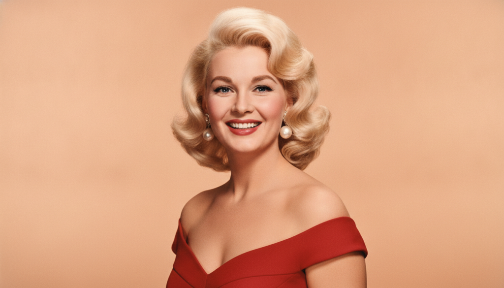 A vibrant portrait of Jayne Mansfield smiling with her signature platinum blonde hair and pearls