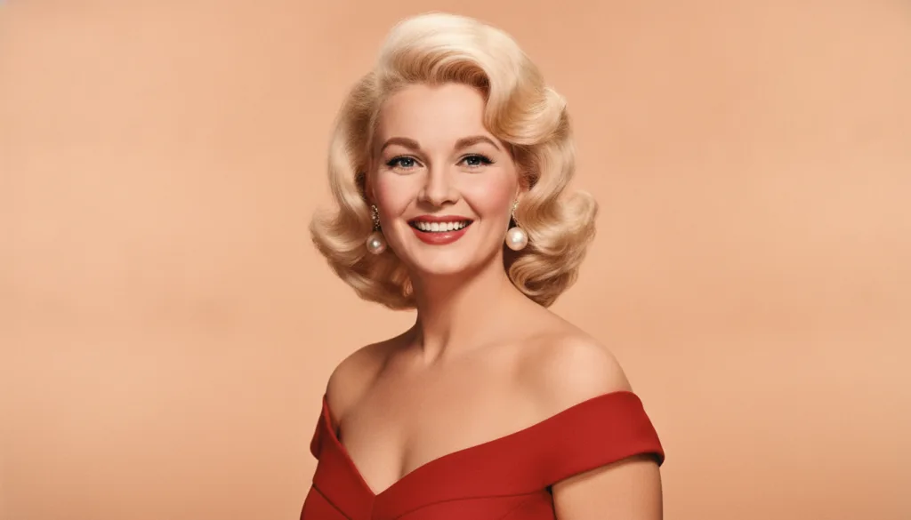A vibrant portrait of Jayne Mansfield smiling with her signature platinum blonde hair and pearls