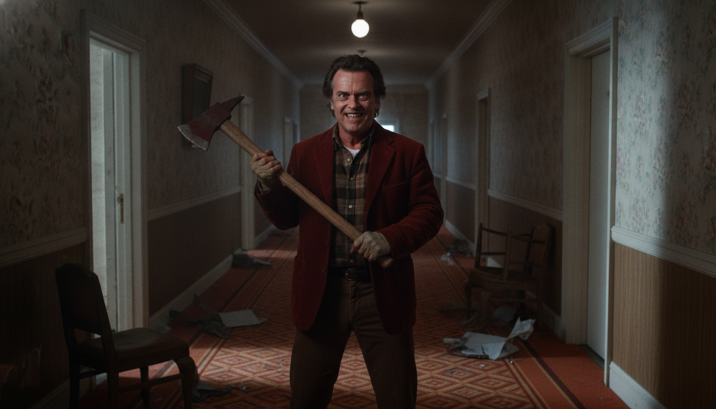 Jack Nicholson in a memorable scene from The Shining with a menacing expression