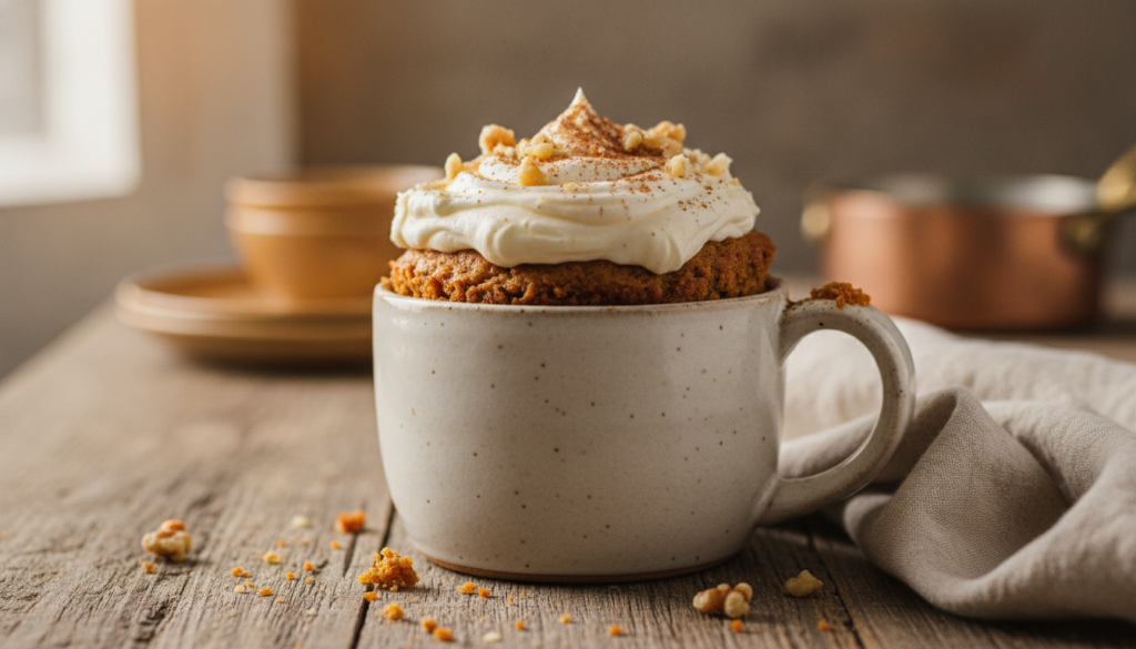 A perfectly baked carrot mug cake in a ceramic mug topped with a generous swirl of cream cheese frosting The cake should