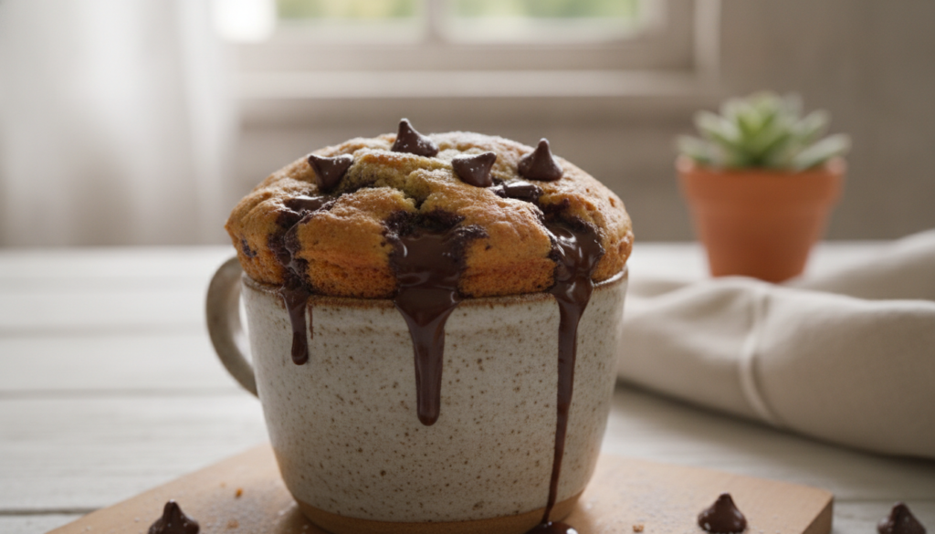 A perfectly golden fluffy chocolate chip mug cake with melted chocolate visible served in a ceramic mug on a light backg