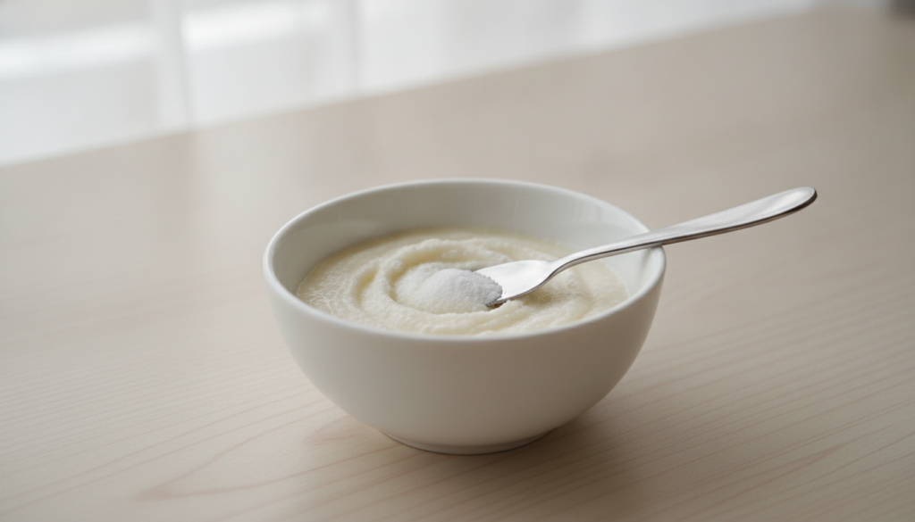 A small white bowl containing a mixture of Vaseline and baking soda with a spatula or small spoon against a soft bright