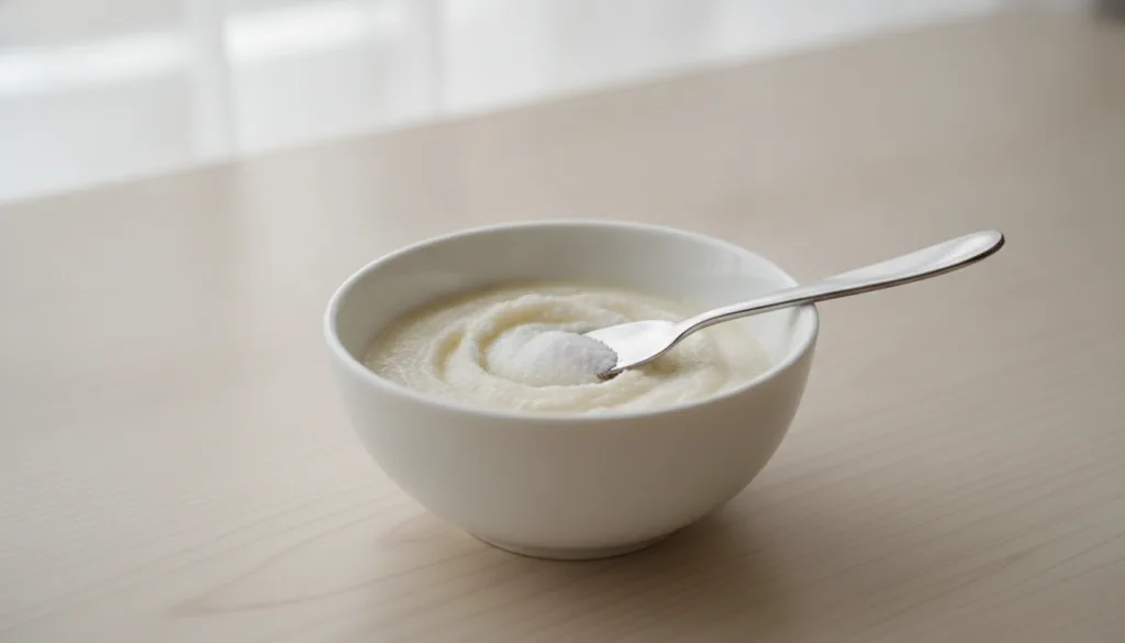 A small white bowl containing a mixture of Vaseline and baking soda with a spatula or small spoon against a soft bright 