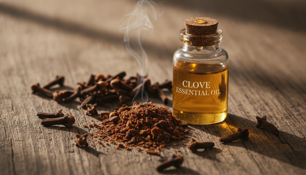A close-up shot of whole cloves some crushed cloves and a small glass bottle of golden-brown clove essential oil or infu