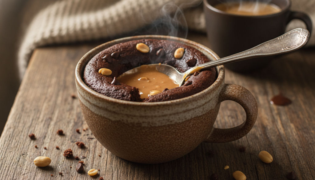 A warm chocolate mug cake with a visible gooey peanut butter core steam gently rising from the mug