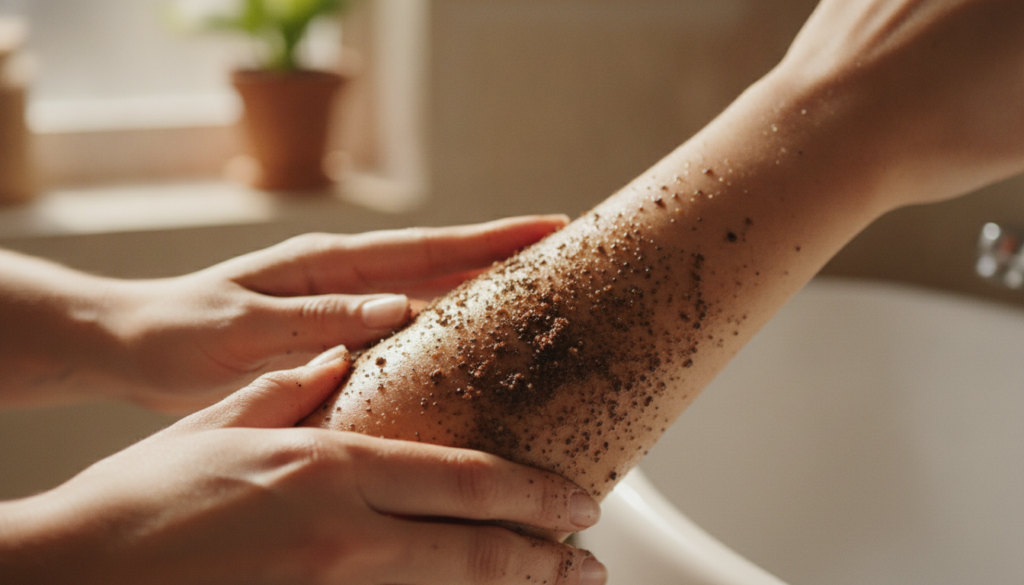 A close-up of a person gently exfoliating their arm or leg with a coffee scrub showing finely ground coffee mixed with a