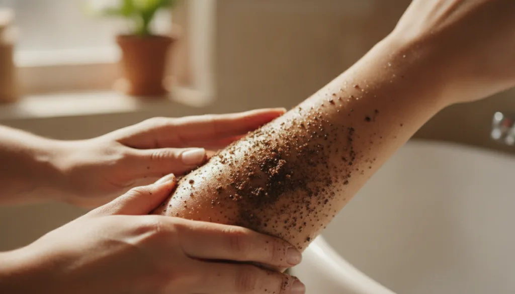 A close-up of a person gently exfoliating their arm or leg with a coffee scrub showing finely ground coffee mixed with a