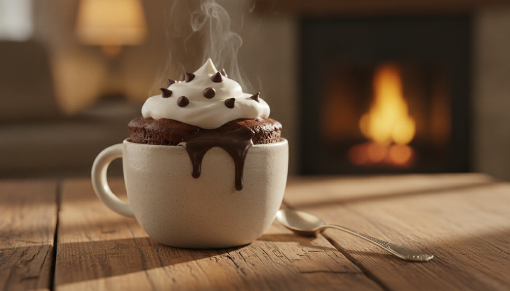 A perfectly portioned chocolate mug cake fresh out of the microwave topped with a generous swirl of whipped cream and ch