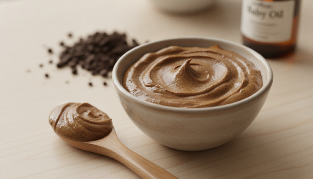 A close-up shot of a small bowl containing a homemade coffee face mask with a spoon beside it and some coffee grounds an