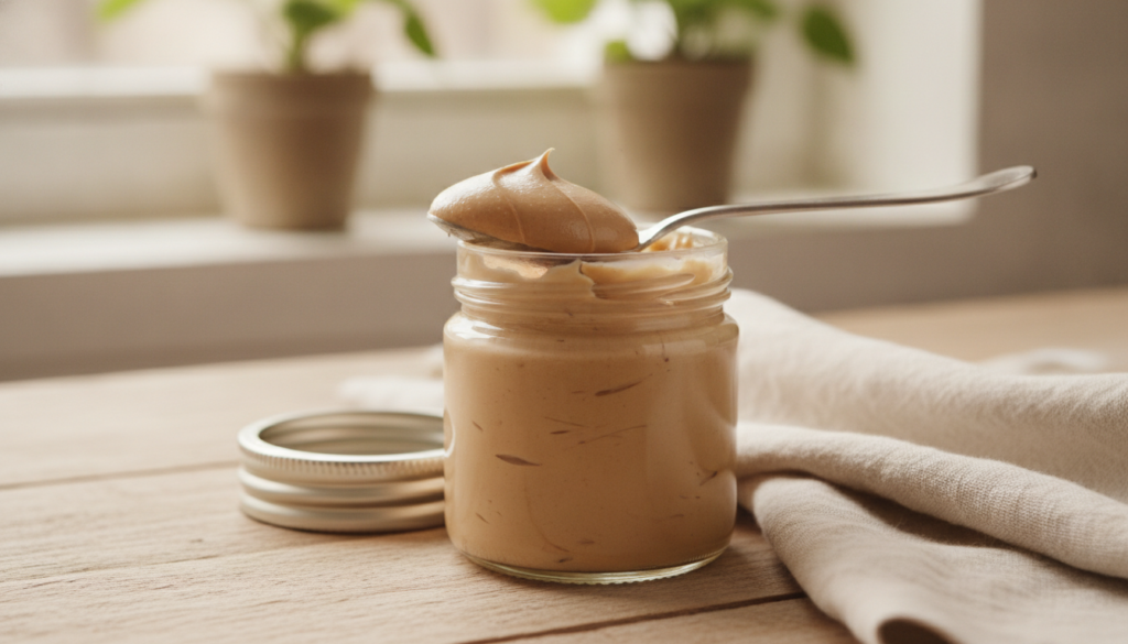A close-up shot of a small jar of homemade cream with a texture similar to Vaseline and cocoa butter alongside a spoon w