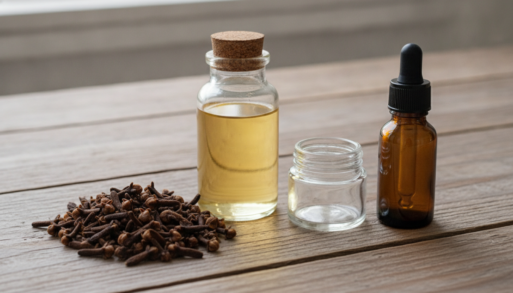 Ingredients for homemade clove oil laid out on a wooden surface whole cloves a bottle of sweet almond oil a small glass 