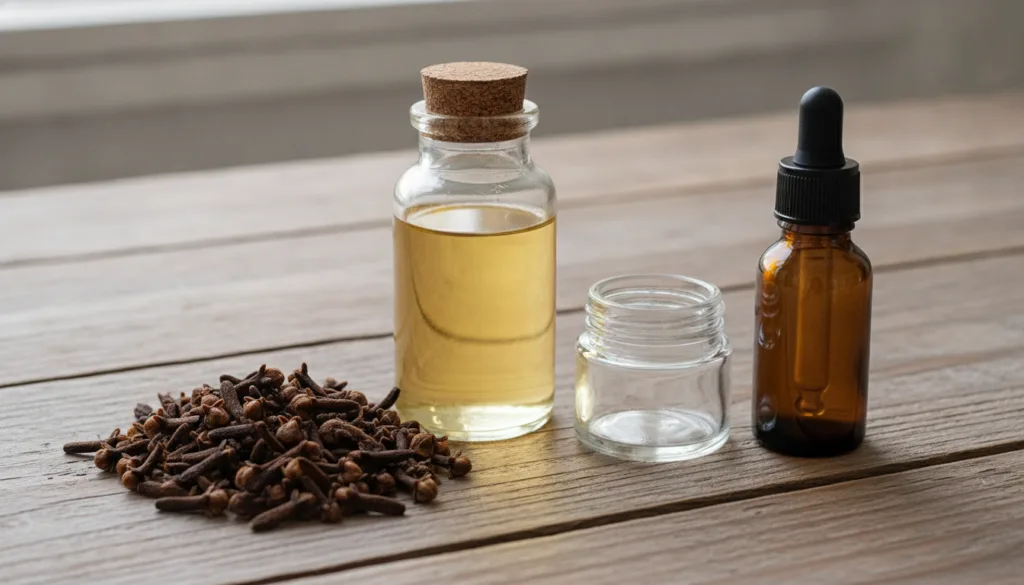 Ingredients for homemade clove oil laid out on a wooden surface whole cloves a bottle of sweet almond oil a small glass 