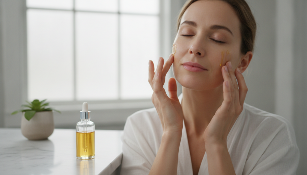 A woman gently massaging a few drops of homemade oil onto her face and neck with her fingertips smiling softly