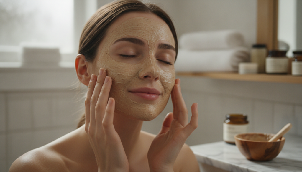 A woman s hands gently applying a smooth creamy face mask made from the homemade powder to her clean face with a bowl of