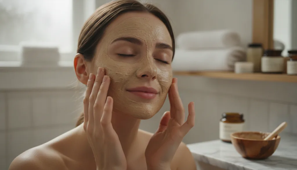 A woman s hands gently applying a smooth creamy face mask made from the homemade powder to her clean face with a bowl of