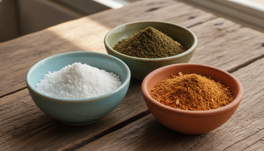 A close-up of three small bowls containing agar-agar powder amla powder and orange peel powder artfully arranged on a ru
