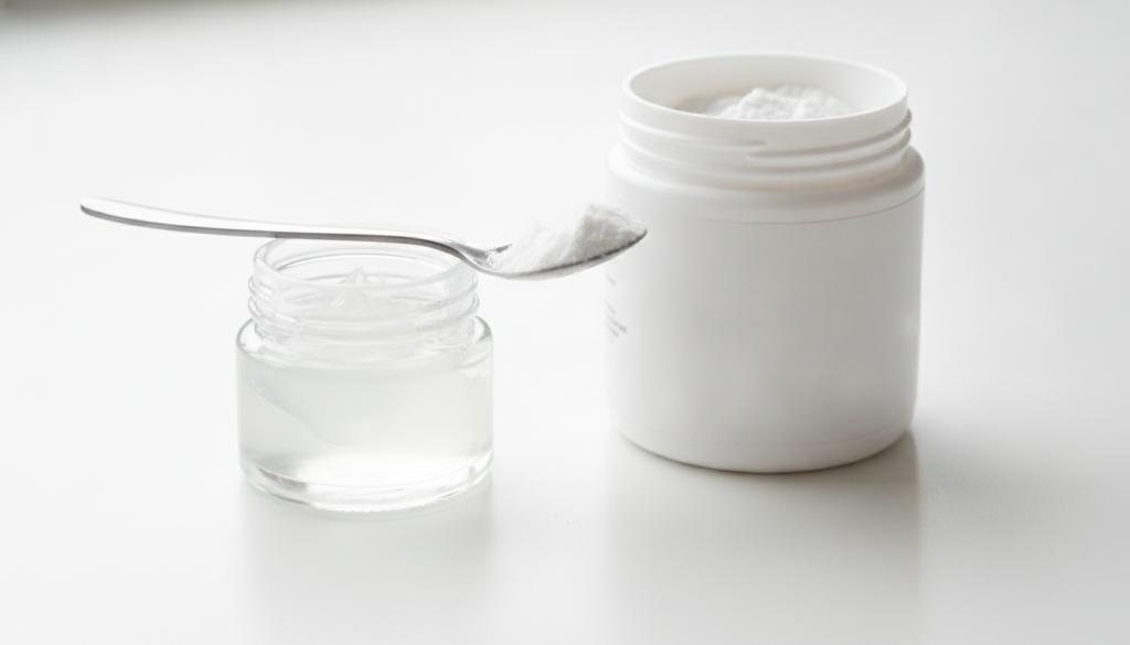 A small glass jar with petroleum jelly Vaseline next to a container of collagen powder with a mixing spoon on a clean li