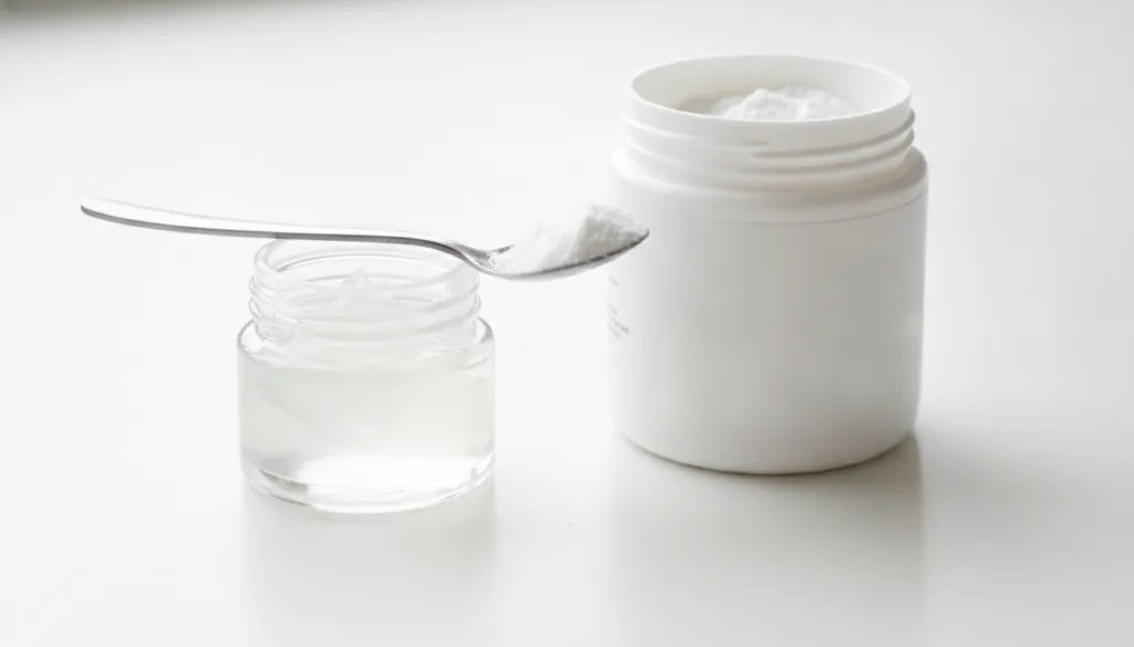A small glass jar with petroleum jelly Vaseline next to a container of collagen powder with a mixing spoon on a clean li