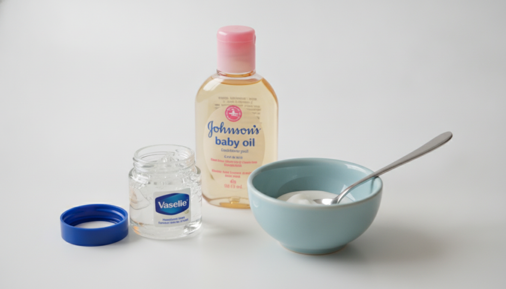 A close-up shot of a small open jar of Vaseline and a bottle of Johnson s Baby Oil with a small bowl and spoon nearby su