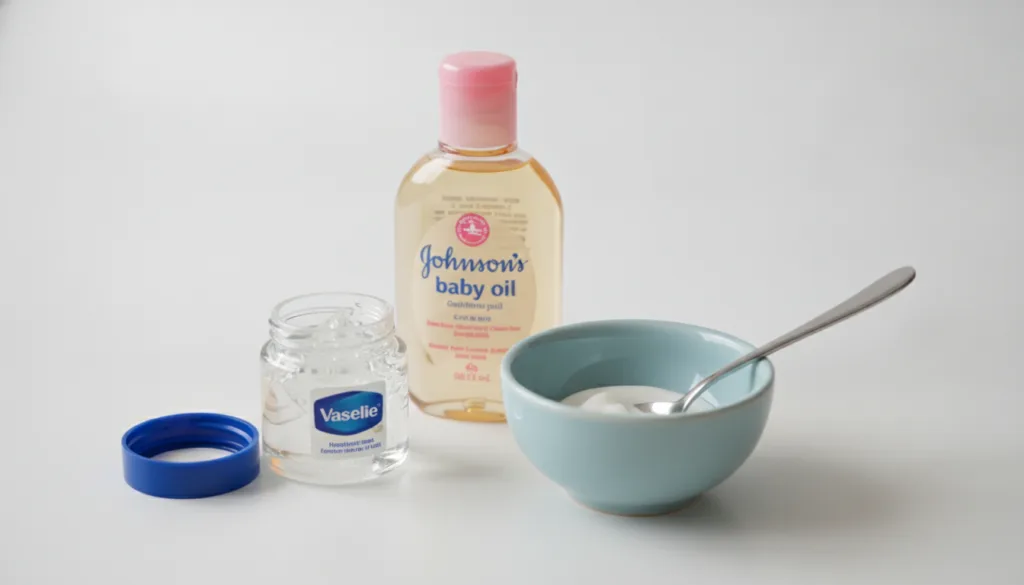 A close-up shot of a small open jar of Vaseline and a bottle of Johnson s Baby Oil with a small bowl and spoon nearby su