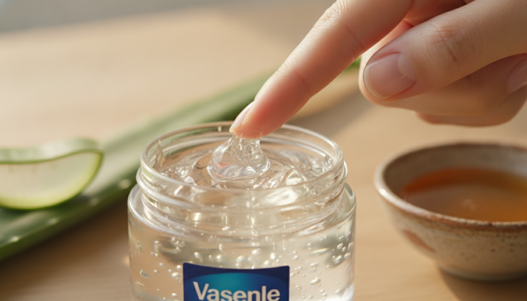 Close-up of a person s hand scooping a small amount of Vaseline from a jar with natural ingredients like aloe vera leaf 