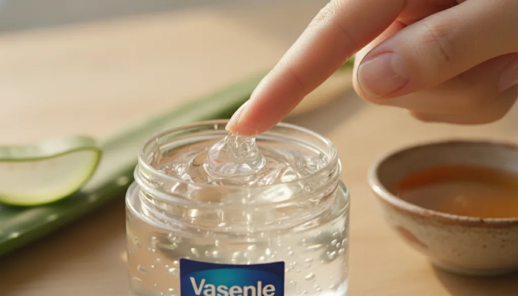 Close-up of a person s hand scooping a small amount of Vaseline from a jar with natural ingredients like aloe vera leaf 