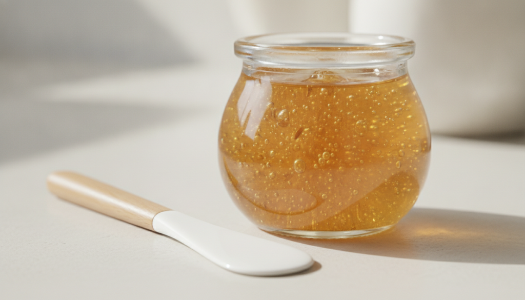 A small glass jar filled with a translucent golden-brown flaxseed gel with a small spatula or brush next to it on a clea