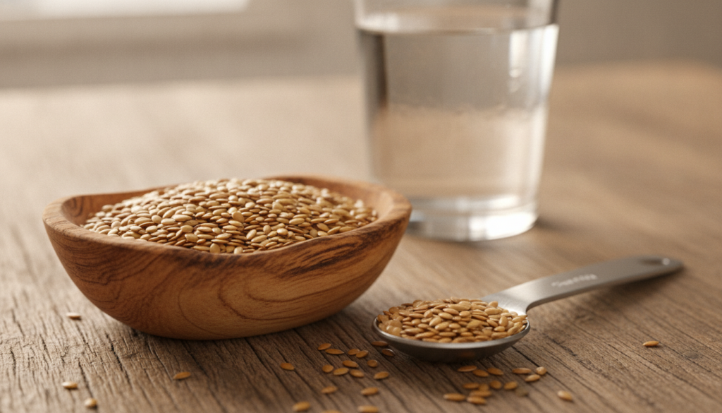 A close-up shot of whole flaxseeds in a small wooden bowl next to a measuring spoon with a glass of water in the backgro