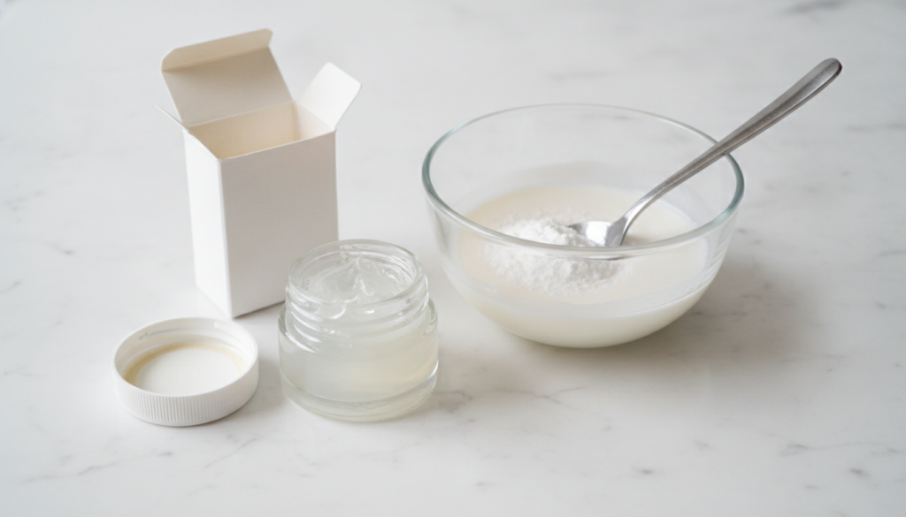 Ingredients for a DIY face mask a small jar of Vaseline a box of baking soda and a small mixing bowl with a spoon