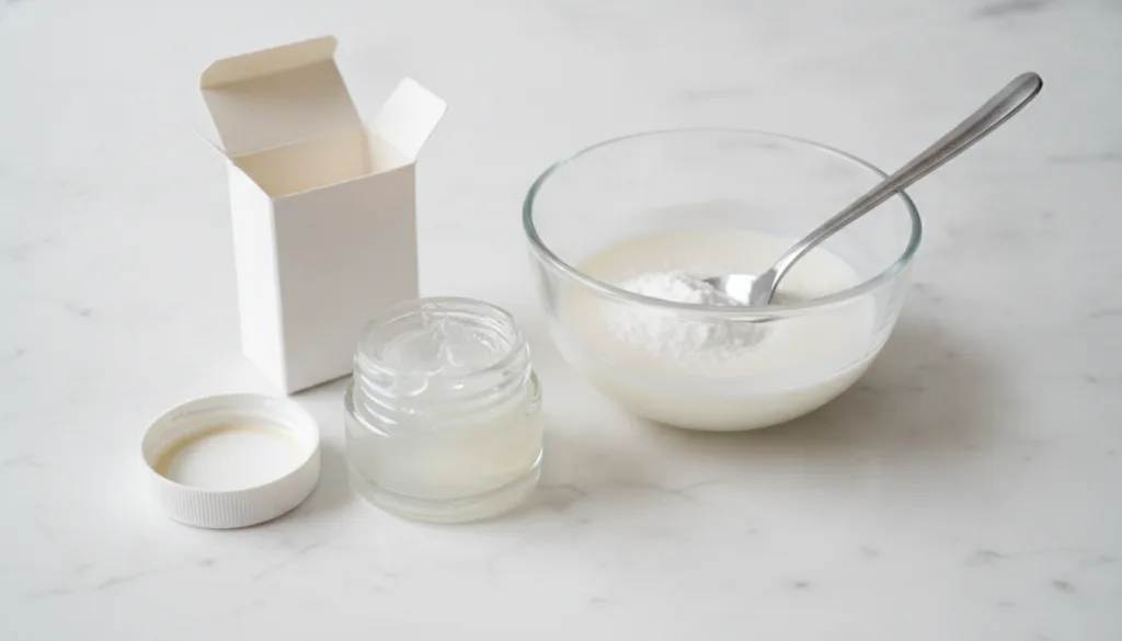 Ingredients for a DIY face mask a small jar of Vaseline a box of baking soda and a small mixing bowl with a spoon