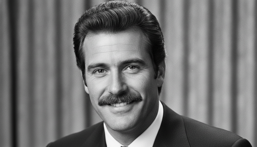 A black and white image of Tom Selleck smiling featuring his iconic mustache prominently